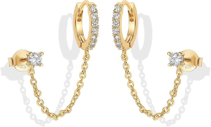 PAVOI 14K Gold Chain Earrings for Women | Double Piercing Dangle Chain Huggie Hoop Earrings | Cub... | Amazon (US)