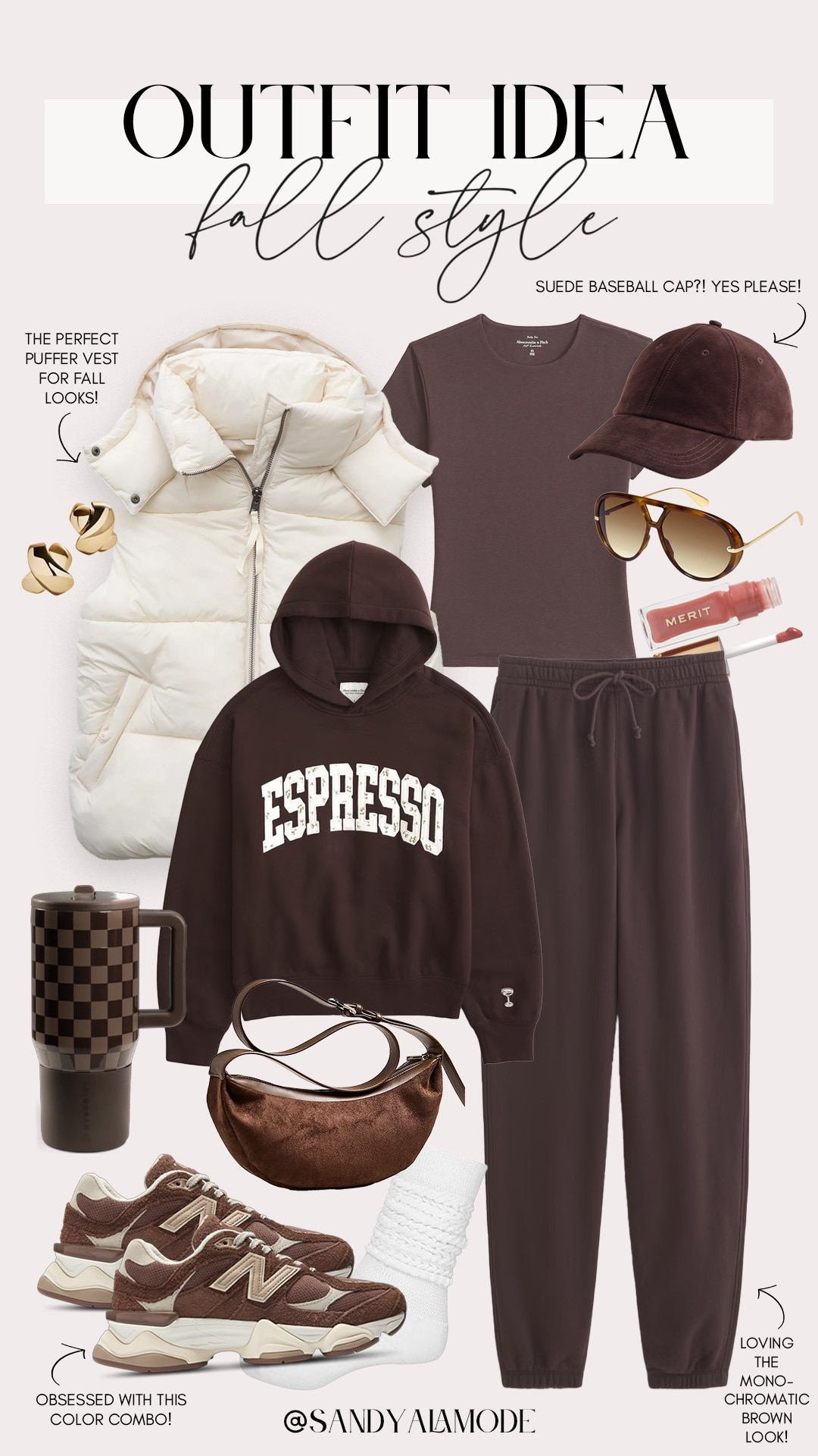 Comfy fall style. Brown monochromatic fall style. Abercrombie new arrivals. Espresso sweatshirt. Cozy brown sweats. Ivory puffer vest. Brown new balance sneakers. Brown suede baseball cap. Amazon fashion. Fall hydrojug   

#LTKStyleTip #LTKSeasonal #LTKFindsUnder100
