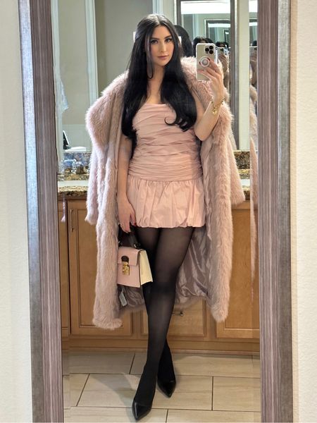 OOTN for a Galentine’s Party 💘. The dress code was pinks & reds. I decided on a pink ruched dress from Meshki with an oversized ballet-pink Jennifer Behr bow. To winter the outfit up, I added Sheertex tights (buy them & thank me later) and a pink faux fur jacket. This is also a great outfit option for Valentine’s. 

#LTKstyletip #LTKSeasonal #LTKparties