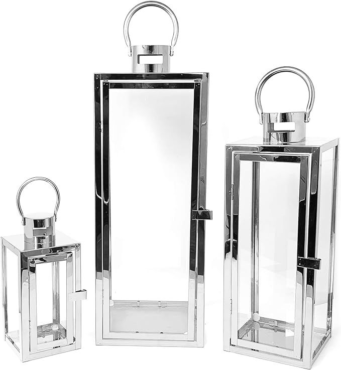 Allgala 3-PC Set Jumbo Luxury Modern Indoor/Outdoor Hurricane Candle Lantern Set with Chrome Plat... | Amazon (US)