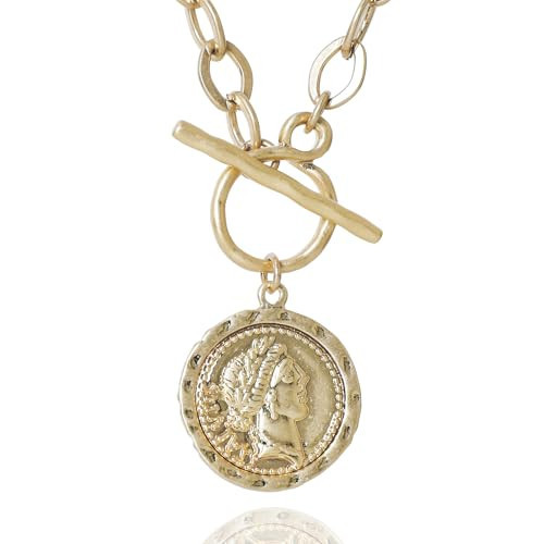 MISS SECRET Chunky Gold Necklaces for Women Coin Statement Necklace Antique Silver and Gold Chain Thick Toggle Pendant Trendy Fashion Jewelry (Worn Gold) | Amazon (US)