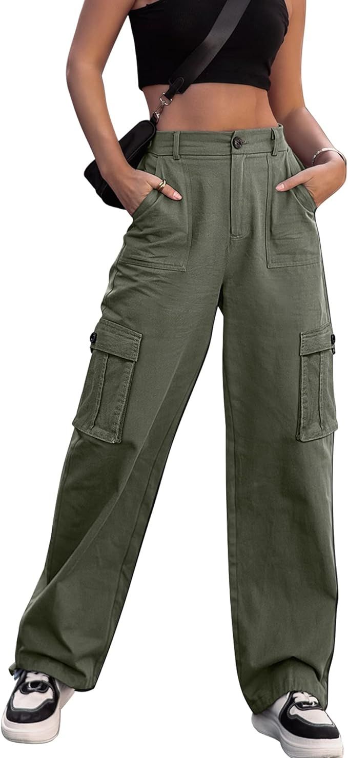 ZMPSIISA Women High Waisted Cargo Pants Wide Leg Casual Pants 6 Pockets Combat Military Trousers | Amazon (US)
