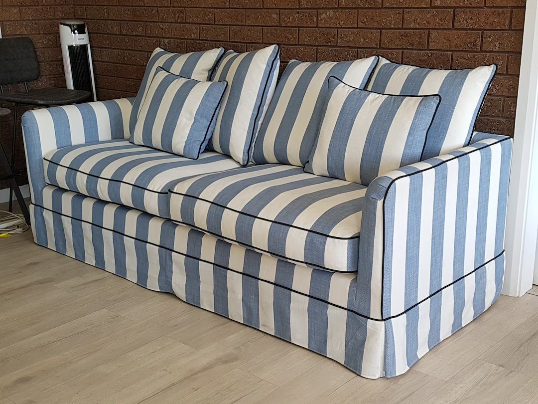 Custom Hamptons Striped Sofa/3 Seater Lounge Blue Denim White - Etsy | Etsy (US)