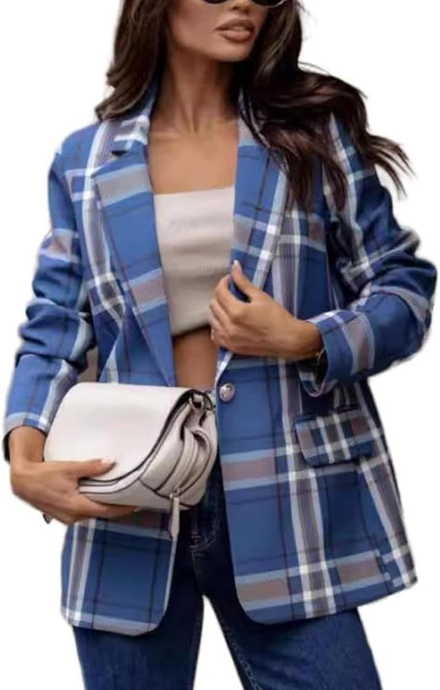 Plaid Blazer Jacket for Womens Long Sleeve 2025 Work Office Blazer Lapel Button Work Formal Blaze... | Amazon (US)