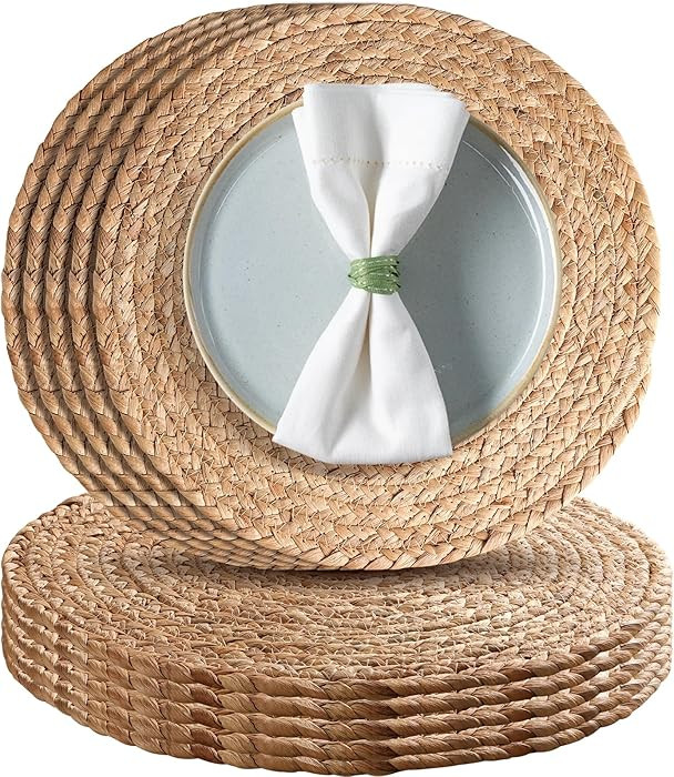 Aofmee 12 inch Round Woven Placemats Set of 10, Boho Rattan Place Mats, Natural Water Hyacinth Ta... | Amazon (US)