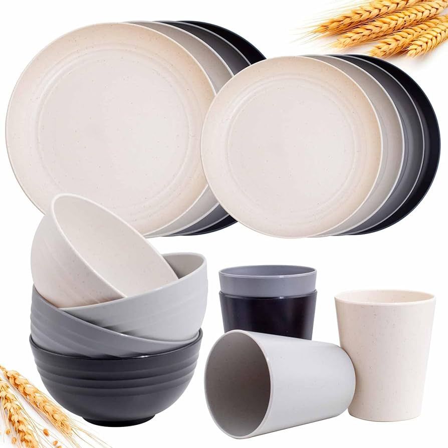 Rubtlamp 16Pcs Wheat Straw Dinnerware Set, Microwave Plates, Reusable Plastic Dishes Set of 4, Un... | Amazon (US)