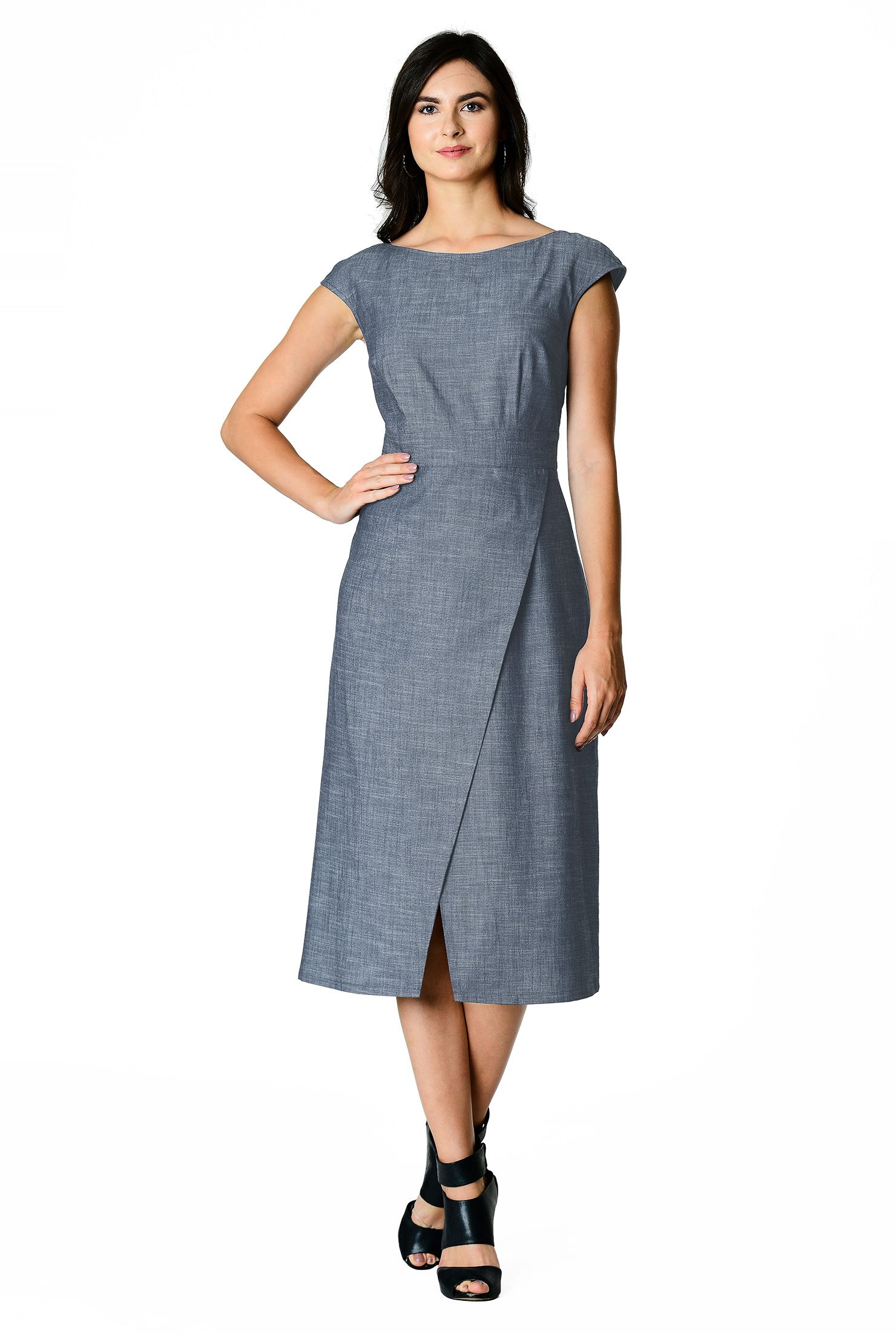 eShakti Women's Faux wrap cotton chambray dress | eShakti