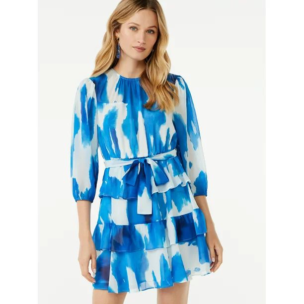 Scoop Women's Tiered Mini Dress with Elbow Length Sleeves - Walmart.com | Walmart (US)