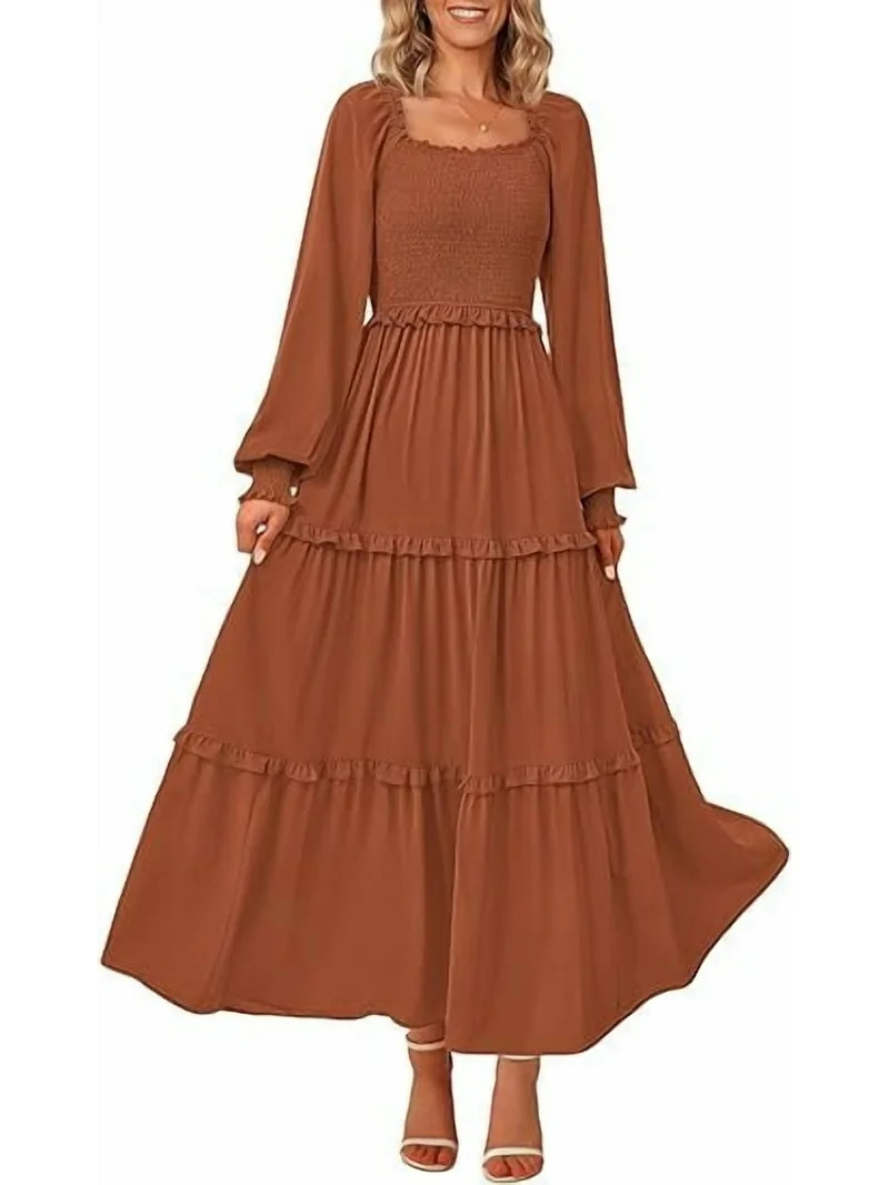 PRETTYGARDEN Women's Smocked Spring Maxi Dress Casual Fall Long Sleeve Square Neck Tiered A Line ... | Walmart (US)