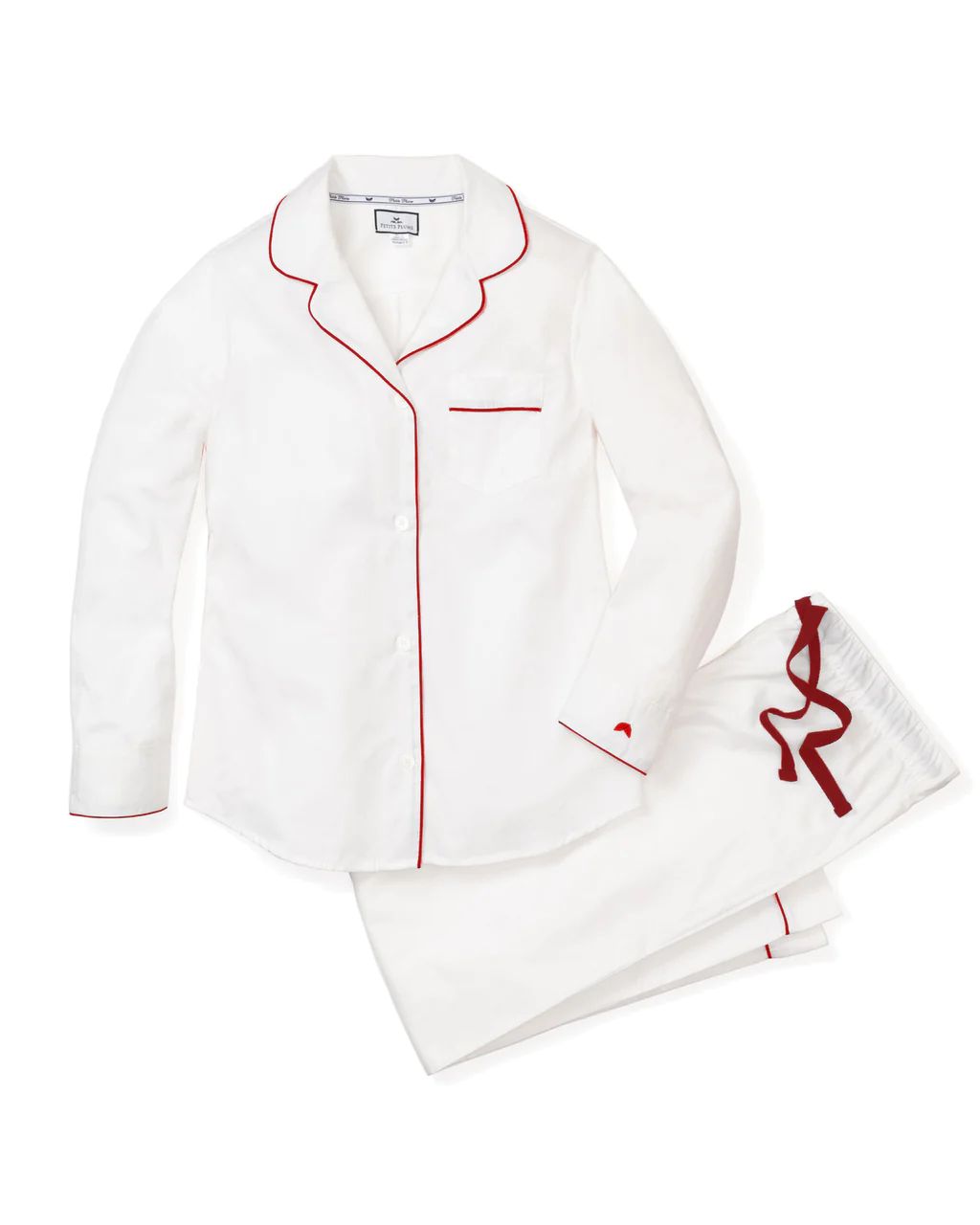 Women's Classic White Twill Pajama Set with Red Piping | Petite Plume