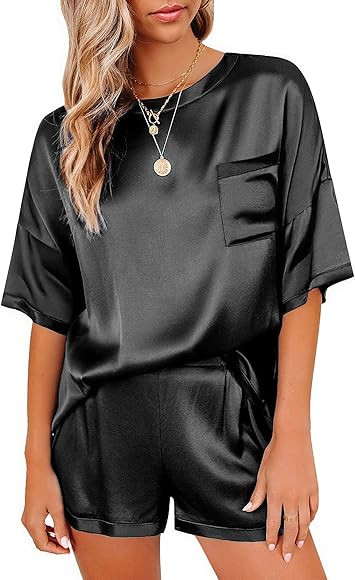 Ekouaer Satin Pajamas for Women Short Sleeve Silk Pajama Sets Soft Sleepwear Top with Causal Pj S... | Amazon (US)