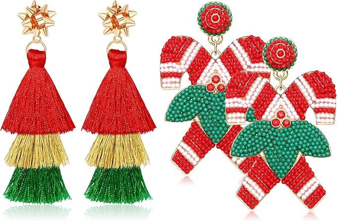 METOBAR 2 Pairs Christmas Earrings for Women Beaded Christmas Tree Tassel Dangle Earrings Xmas Ho... | Amazon (US)