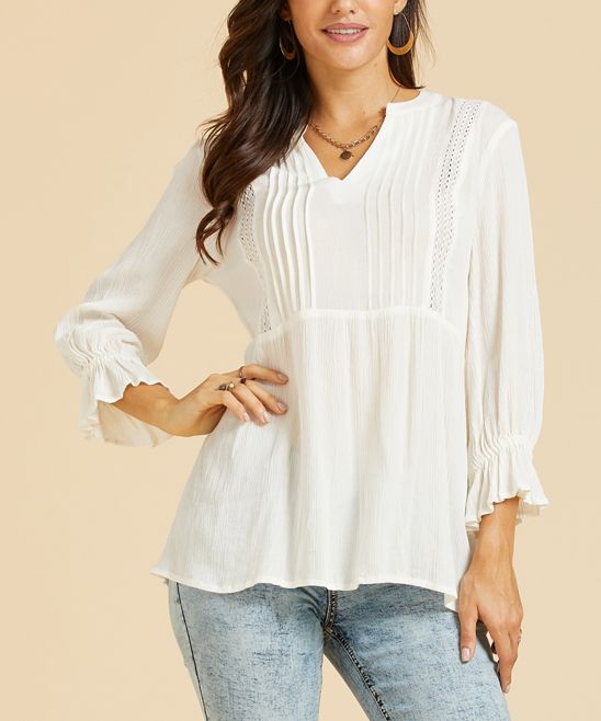 White Pin Tuck Lace Inset Top - Women & Plus | Zulily