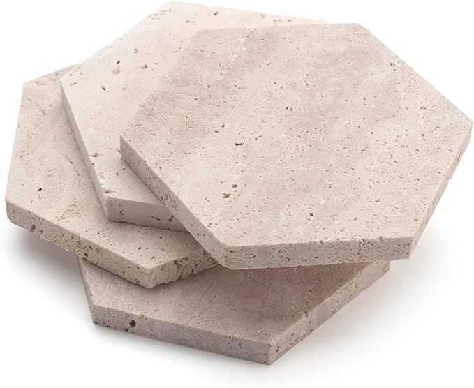 Marble Coasters for Drinks Hexagon Travertine Stone Coaster Set of 4 for Coffee Table Office Desk | Amazon (US)