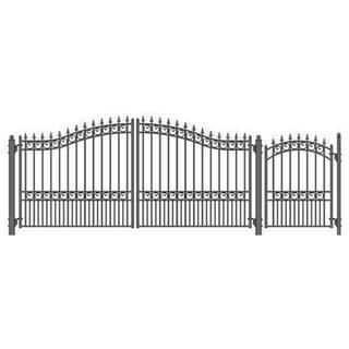 London Style 14 ft. x 6 ft. with Pedestrian Gate Black Steel Swing Dual Driveway Fence Gate | The Home Depot