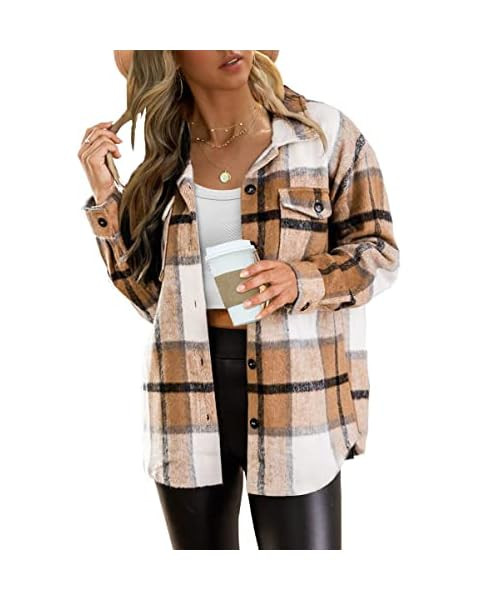 Trendy Queen Womens Flannel Shacket Jacket Casual Plaid Wool Blend Button Down Long Sleeve Shirt ... | Amazon (US)
