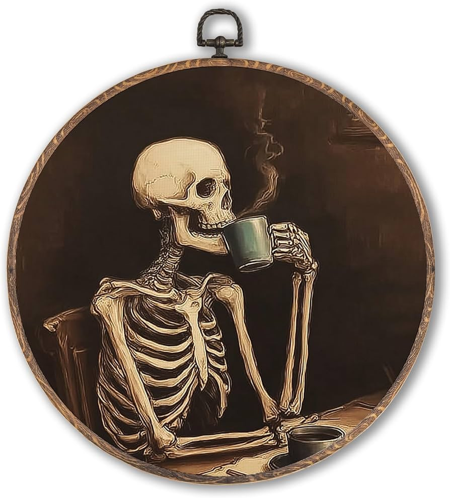 Lengues Skeleton Drinking Coffee Halloween Round Wall Art, Spooky Halloween Round Wall Decor, Cottagecore Coffee Bar Canvas Framed Art Prints, Spooky Skeleton Hanging Frame for Home Room 10x10 Inch | Amazon (US)