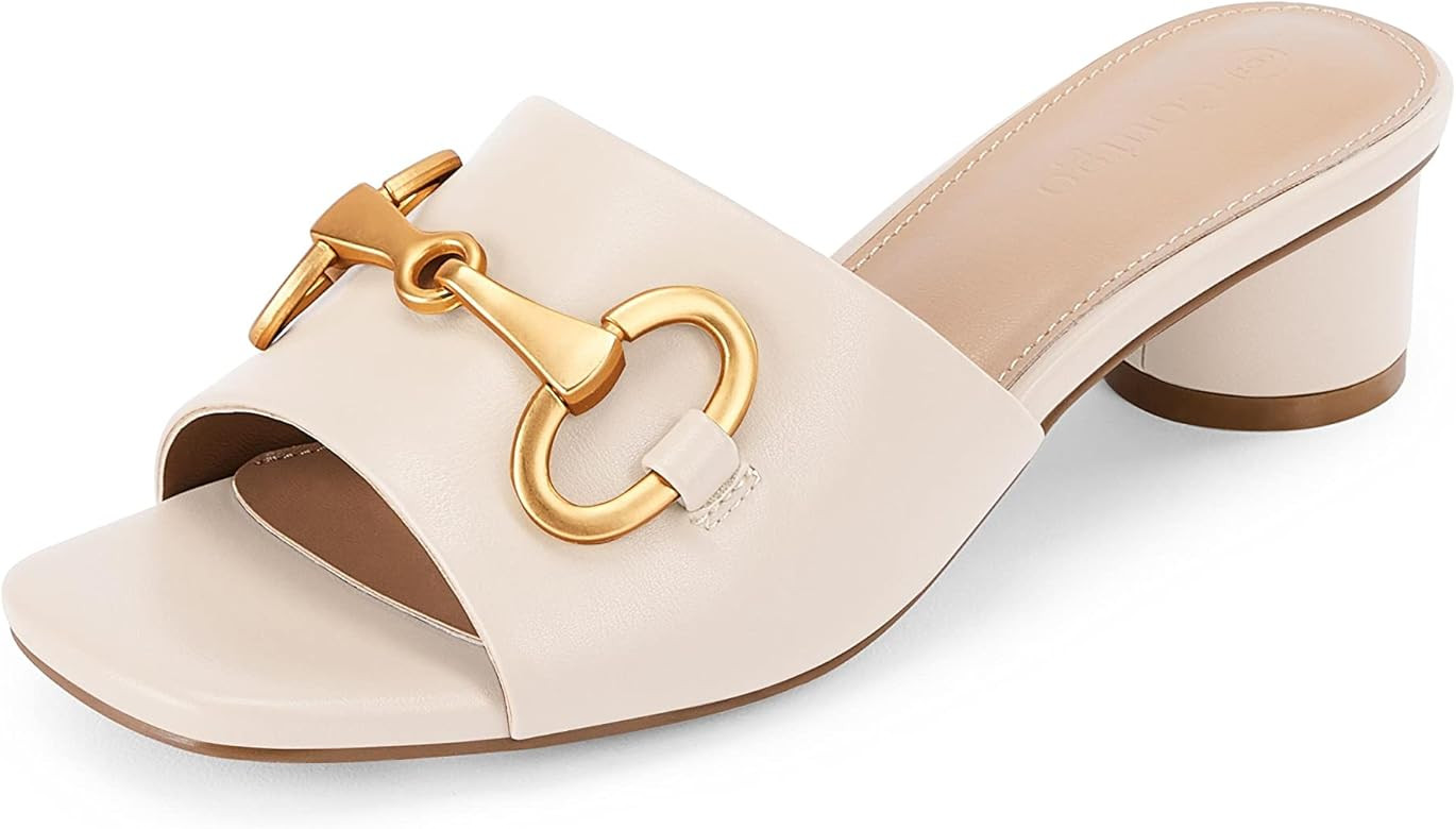 Coutgo Womens' Chunky Round Heel Slides Square Peep Toe Slip On Single Band Comfortable Sandals | Amazon (US)