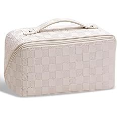 Cessfle Large Capacity Travel Cosmetic Bag, Travel Makeup Bag, Checkered Makeup Bag Open Flat Toi... | Amazon (US)