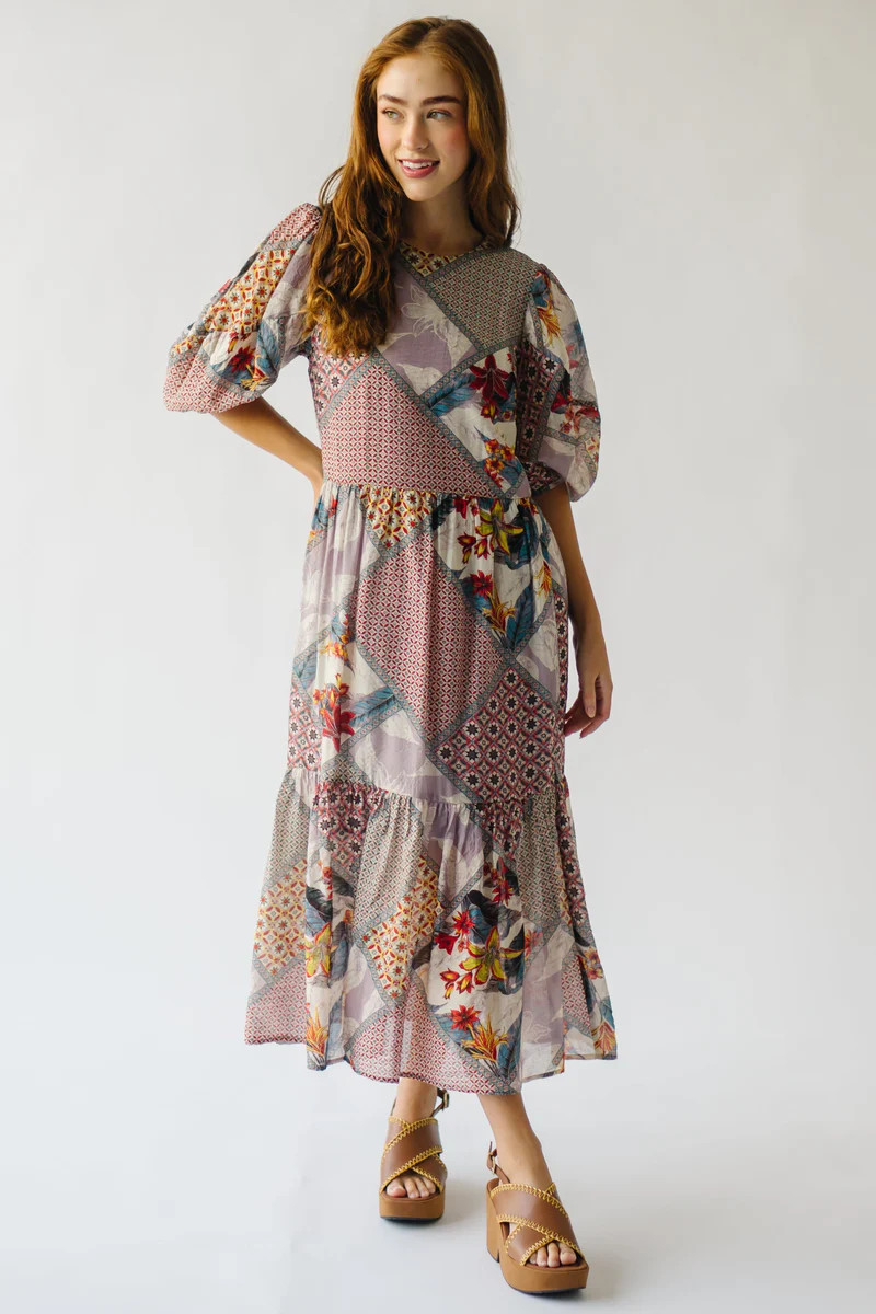 The Waycross Patterned Midi Dress in Tan Multi | Piper & Scoot