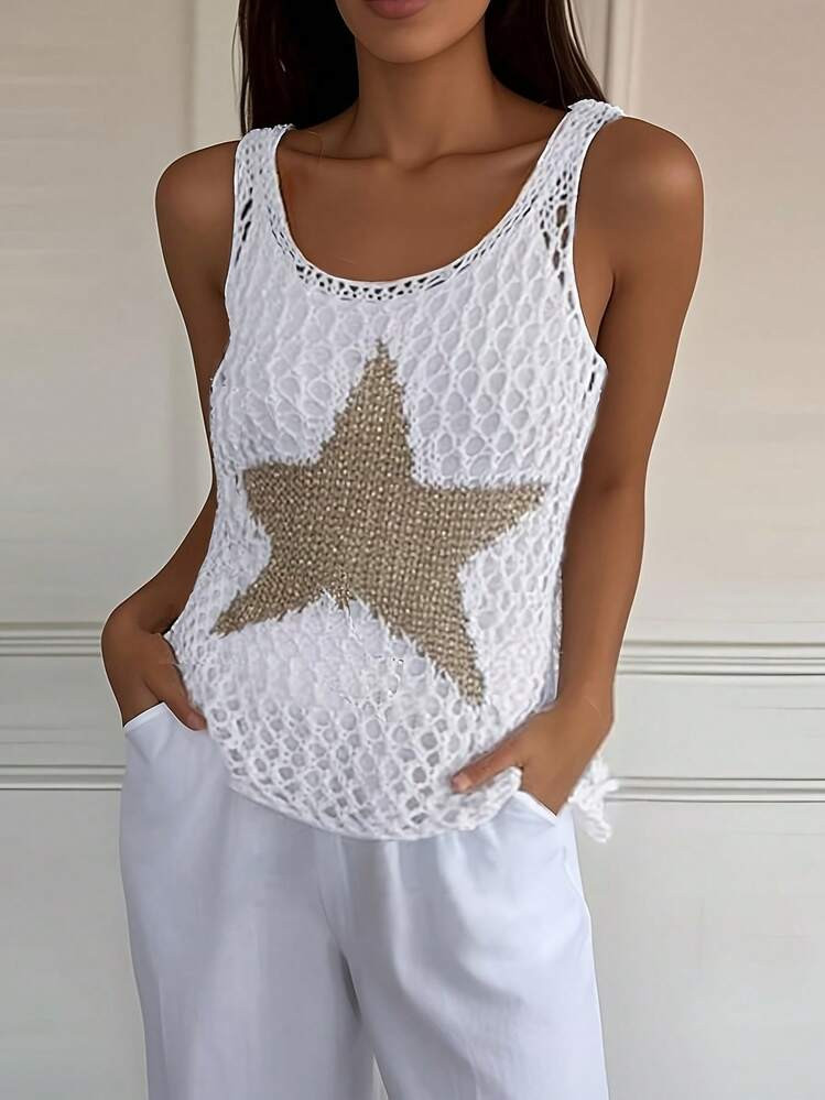 Women's Casual Summer Top - Sleeveless Crochet Star Pattern Tank Top, White Base With Gold Star Embroidery, Suitable For Adult Casual Wear, Casual Summer Top | Star Embroidery Top | Round Neck Top Vacation Beach | SHEIN