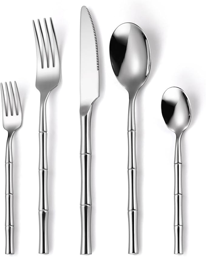 20 Pieces Bamboo Flatware Set Silverware Set Service for 4 Stainless Steel Fine Vintage Flatware ... | Amazon (US)