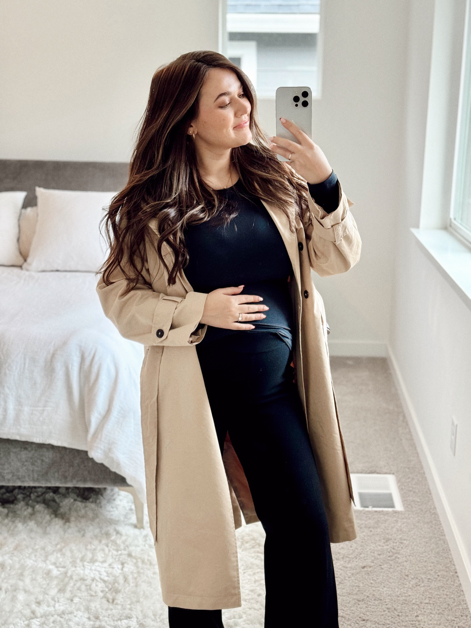 My favorite pregnancy pants. 🫶🏼🤎 Sized up to a Small, they are super stretchy and should fit till the end! 

#trench #bump #pregnancyoutfits #comfyoutfit

#LTKbump #LTKbaby #LTKsalealert