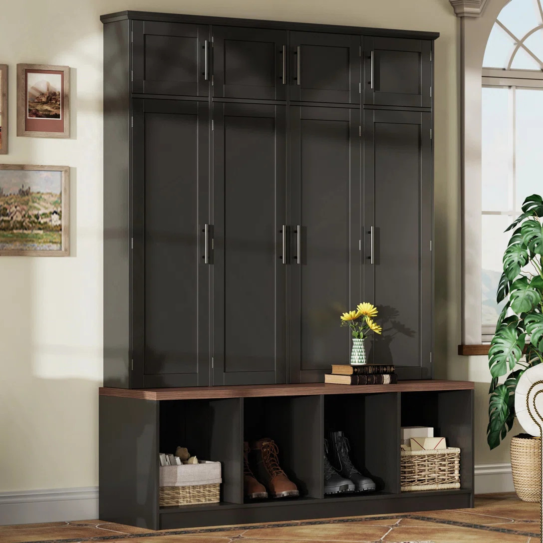 Farmhouse Hall Tree with 4 Hidden Hooks, Walnut Seating Bench, 8-Door Shoe Cabinet & Open Compart... | Wayfair North America
