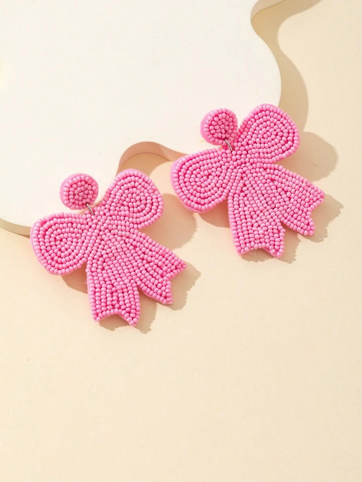 1 Pair Handmade Stainless Steel Bowknot Earrings With Small Beads, Sweet Style, Valentine's Gift For Women Valentines,Mom,Mother,Mother's Day,Gift | SHEIN