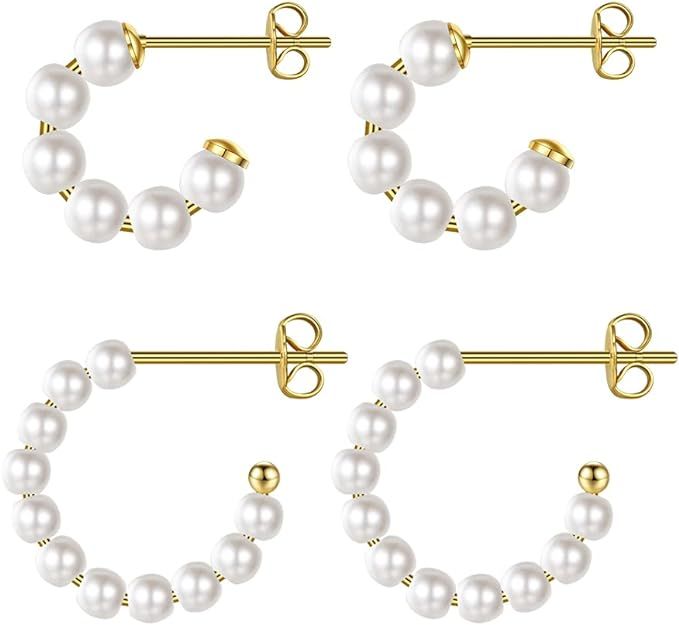 FAMARINE Pearl Hoop Earrings for Women Small Pearl Hoop 14K Gold Plated Lightweight Pearl Hoops f... | Amazon (US)