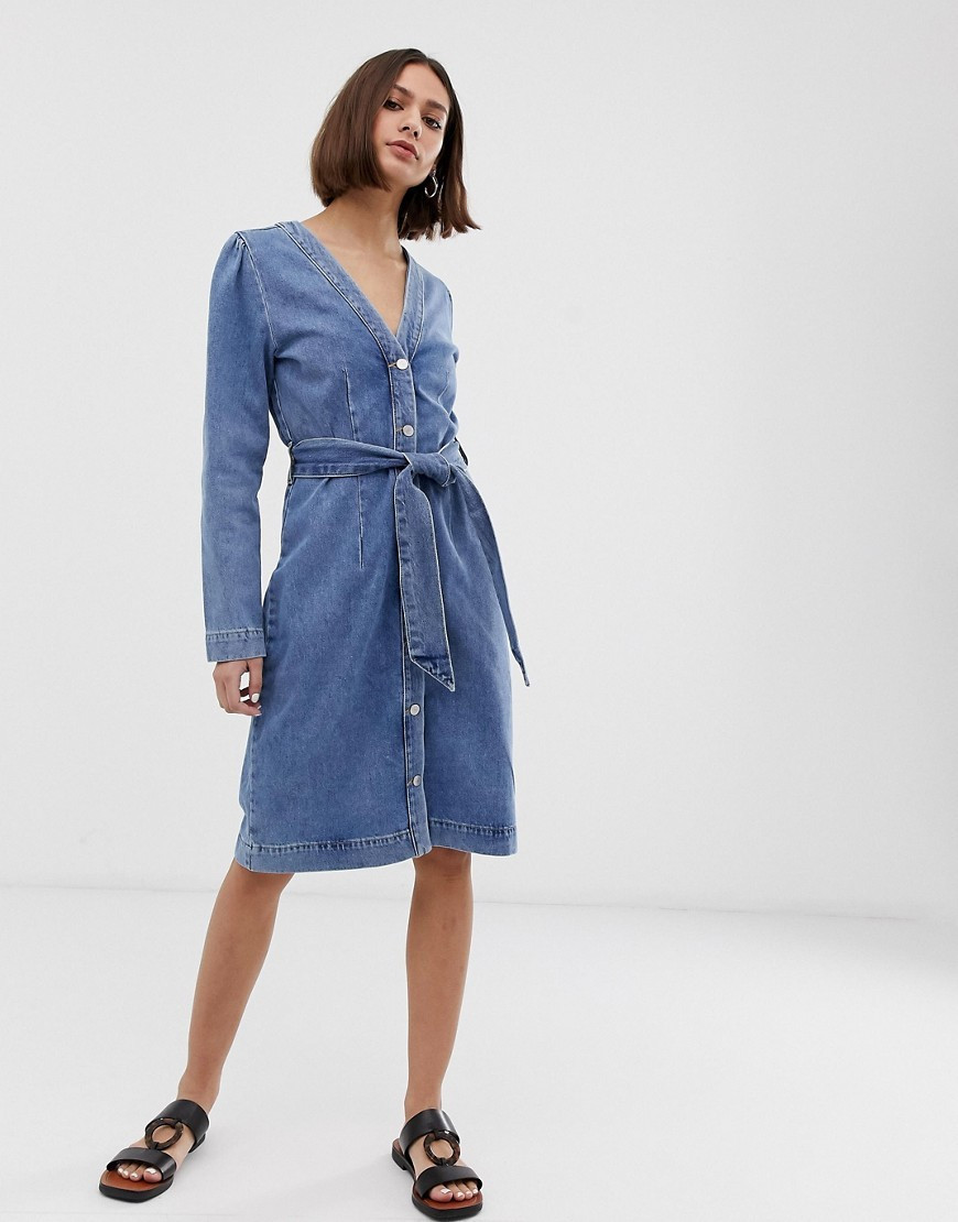 Selected Femme button down denim dress with tie waist-Blue | ASOS (Global)