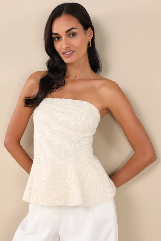 Sweetened Attitude Cream Tweed Strapless Peplum Top | Lulus