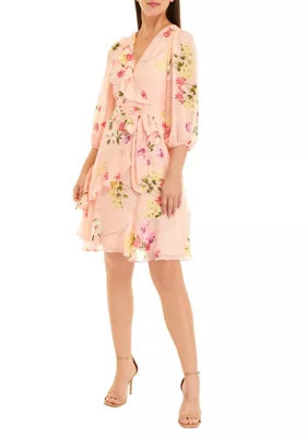 Julian Taylor Women's Blouson Sleeve Floral Chiffon Ruffle Wrap Dress, Pink, 14 | Belk