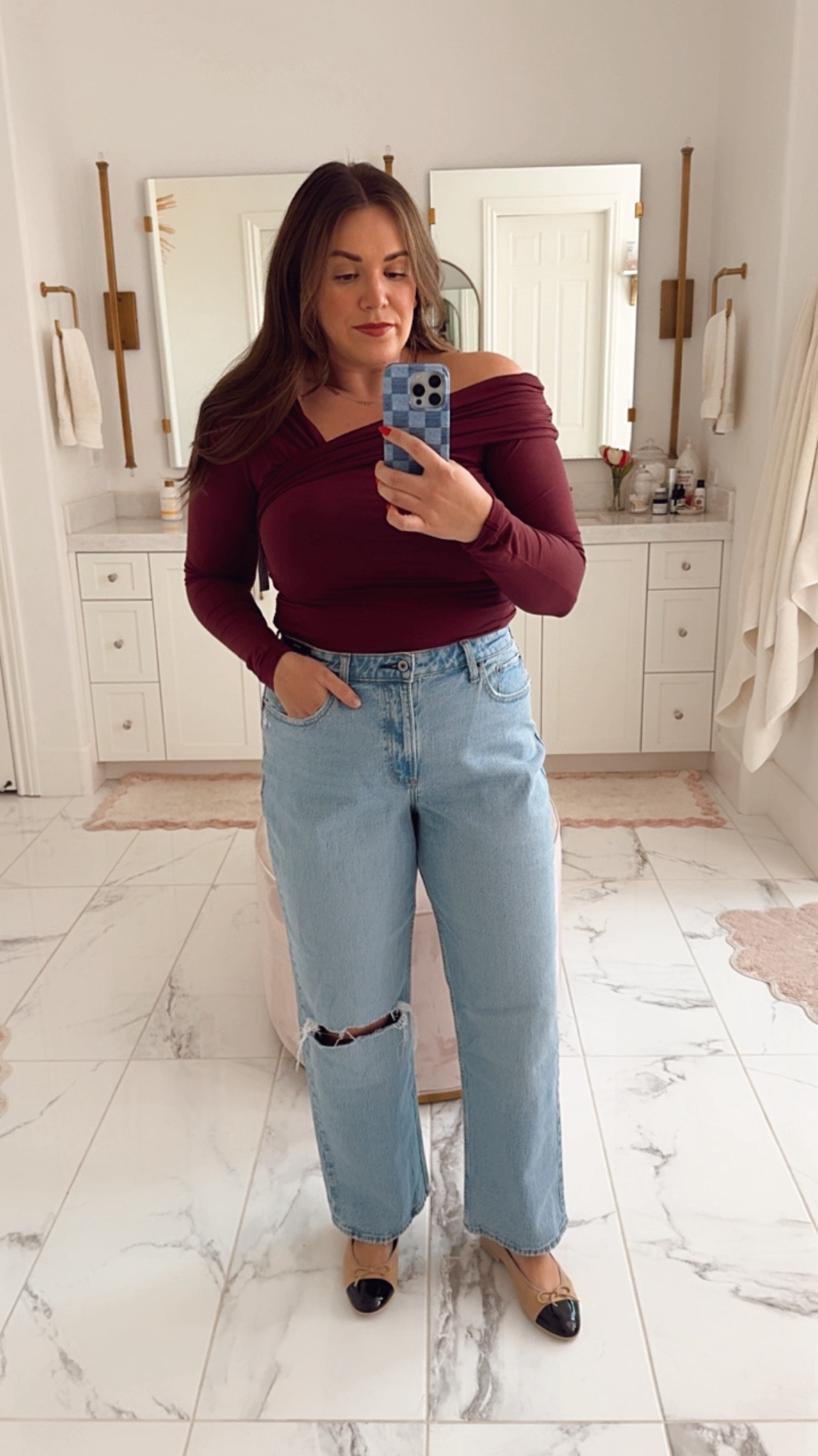 curvy fall outfit! wearing size large in burgundy asymmetrical off the shoulder top and size 32 in light wash denim (need the 31 though!) 

#LTKFindsUnder100 #LTKSeasonal #LTKMidsize