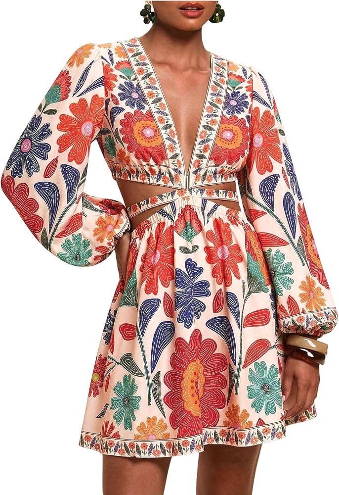 Floerns Women's Tropical Bishop Sleeve Mini Dress Cut Out Tie Back V Neck Beach A Line Dresses | Amazon (US)