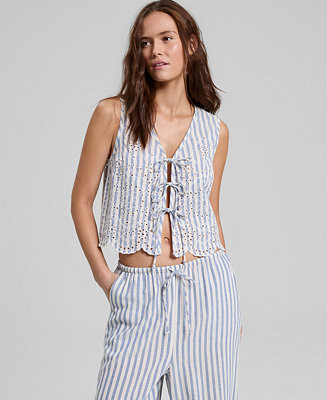 Petite Stripe Eyelet Tie-Front Top, Macy's Exclusive | Macy's