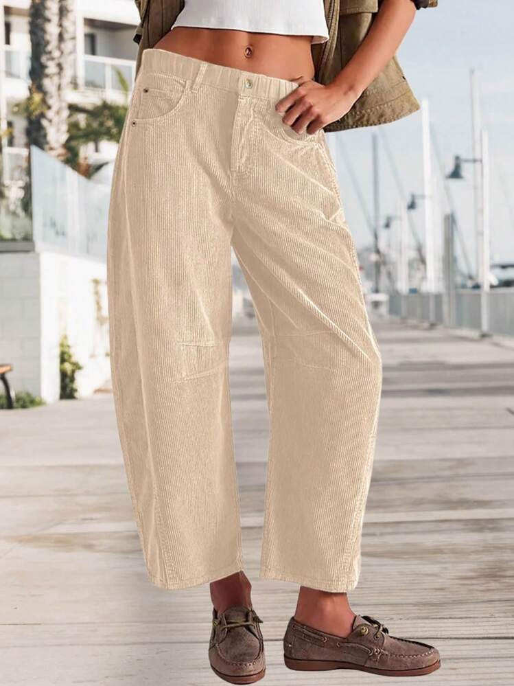 Women's Corduroy Pants Barrel Mid-Rise Elastic Waist Cord Pants Casual Wide Leg Baggy Trouser With Pockets | SHEIN