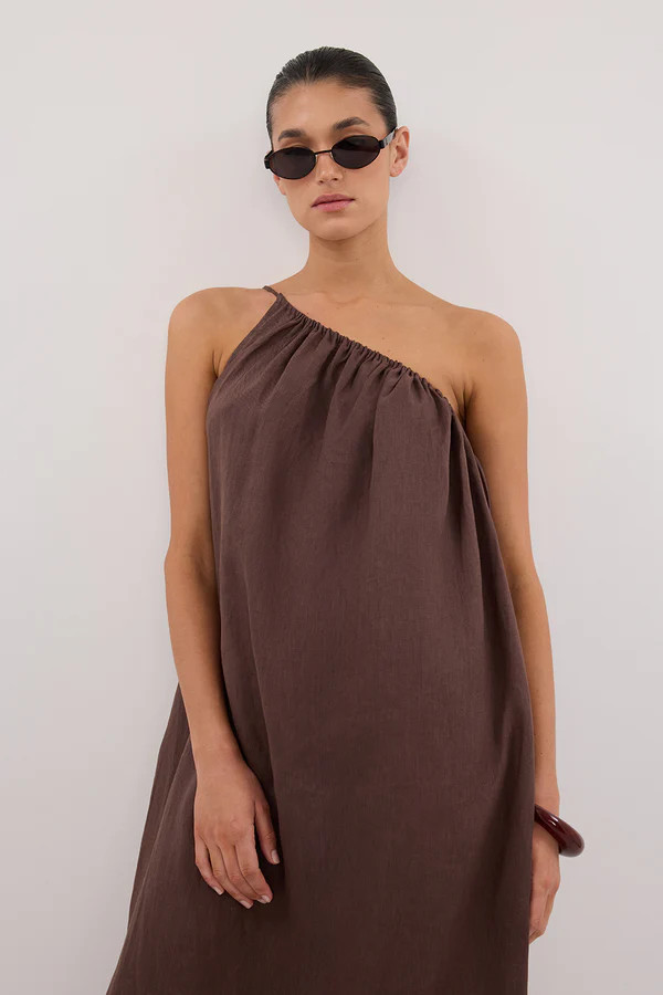 ALMA BITTER CHOC ASYM LINEN MIDI DRESS - PRE ORDER | DISSH