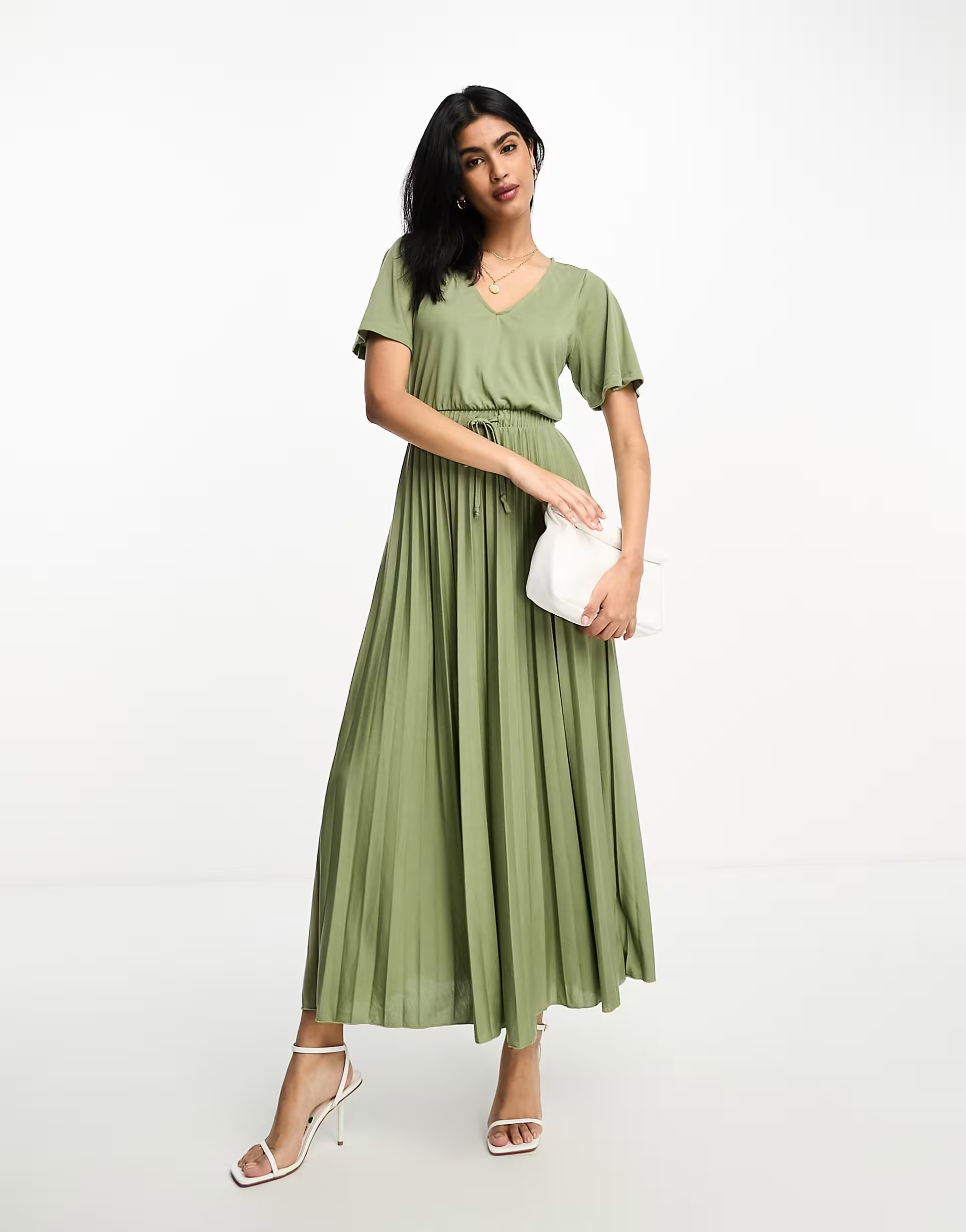 ASOS DESIGN v neck tie waist pleat midi dress in sage | ASOS (Global)