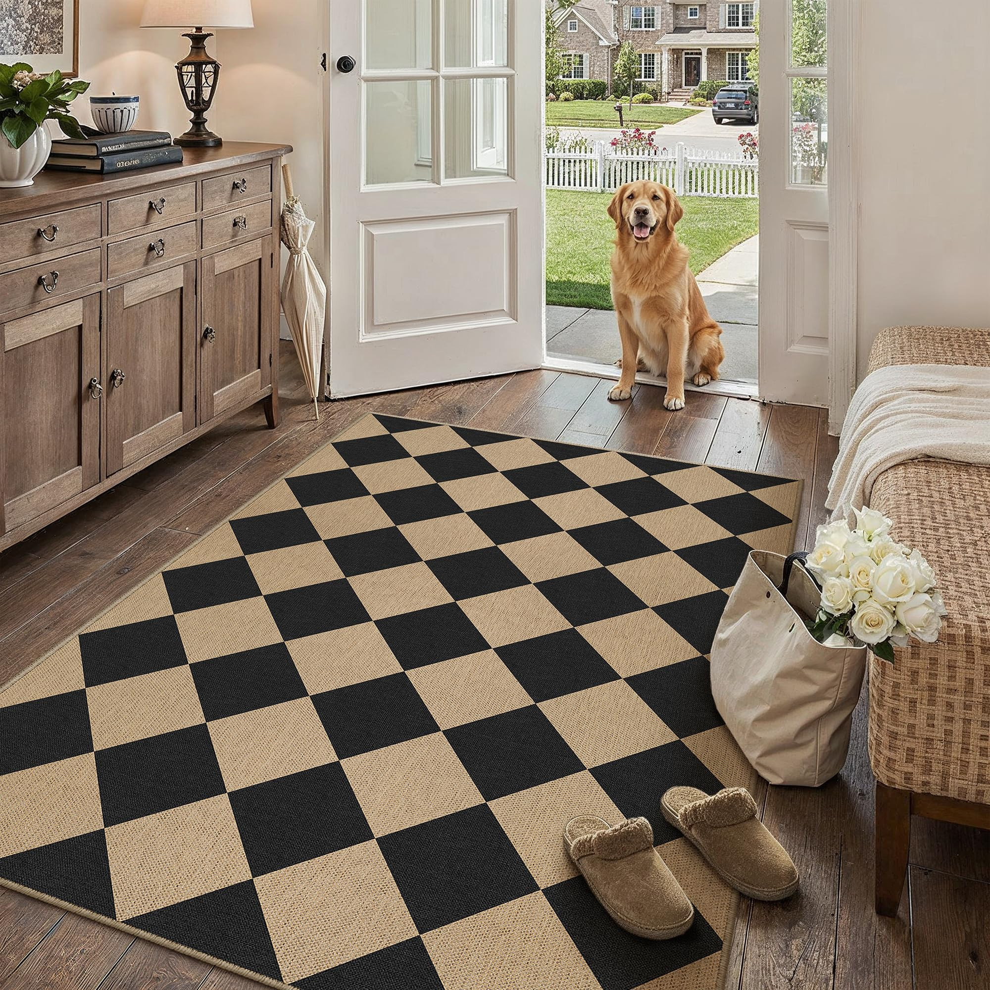 4x6 Checkered Easy Jute Area Rug for Living Room Checkerboard Washable Indoor Outdoor Carpet Farm... | Amazon (US)