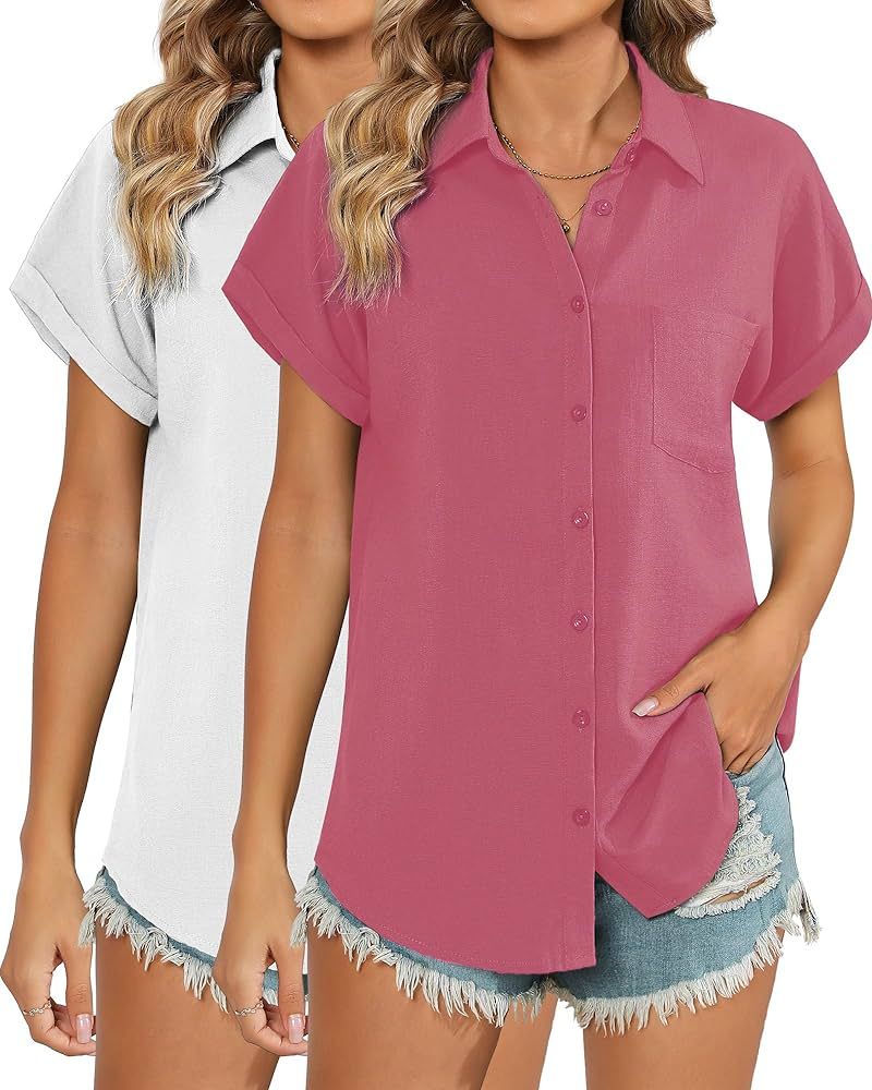 2 Pcs Women's Linen Cotton Button Down Shirt Short Sleeve V Neck Tops with Pockets Blouses Loose ... | Amazon (US)