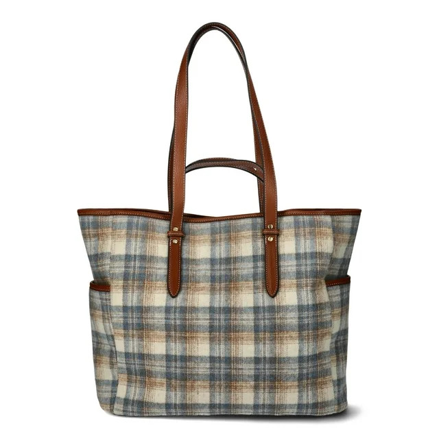 Time and Tru Women's Plaid Double Handle Large Tote Bag, Brown - Walmart.com | Walmart (US)