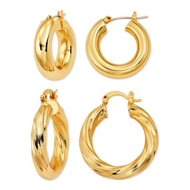 Scoop Womens Brass Yellow Gold-Plated Hoop Earrings Set | Walmart (US)