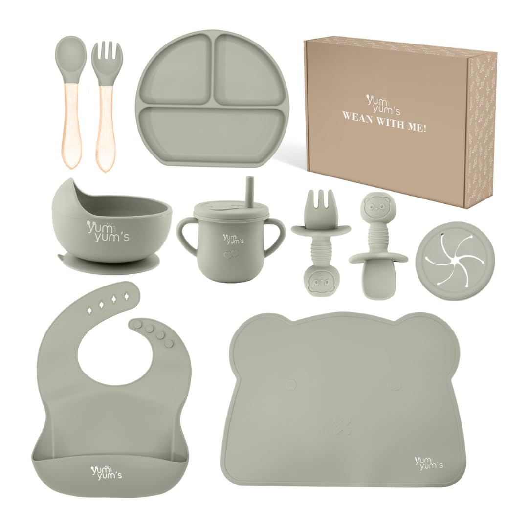 Yum Yum's Baby 10 Pcs Grey Weaning Set - Complete Toddler Feeding Kit w/Sectioned Plate, Suction ... | Amazon (UK)