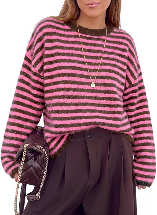 Saodimallsu Womens Fuzzy Striped Sweaters Crew Neck Knit Pullover Top | Amazon (US)