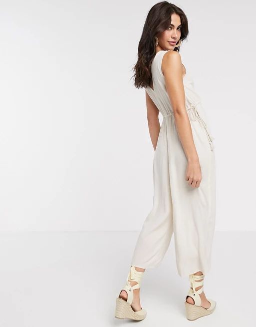 ASOS DESIGN lounge minimal wide leg jumpsuit with rope channel waist in cream | ASOS (Global)