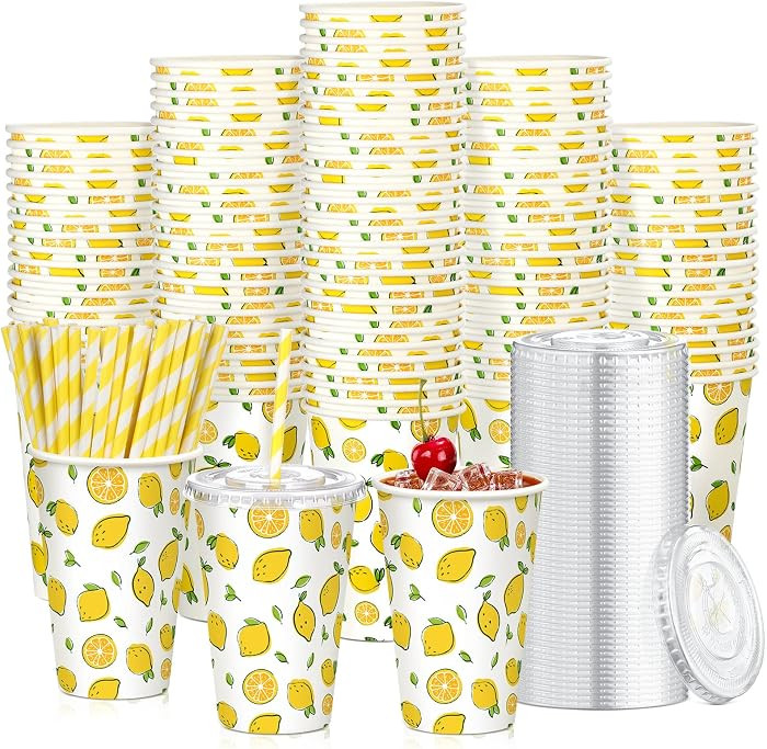 Tessco 150 Pieces/ 50 Sets Lemonade Cup with Lids and Paper Straws 12oz Disposable Iced Coffee Pa... | Amazon (US)