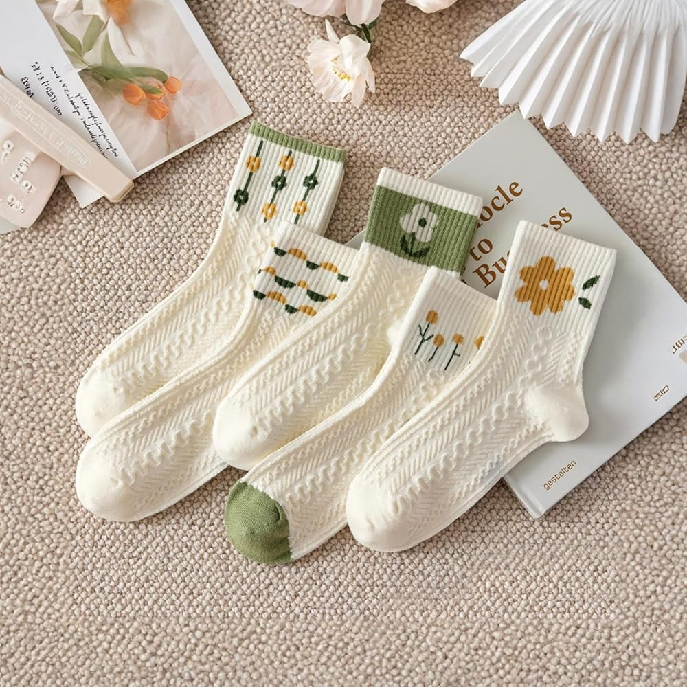 5 Pairs Womens Ankle Socks Cute Casual Breathable Cable Knit Floral Vintage Crew Socks | Amazon (US)