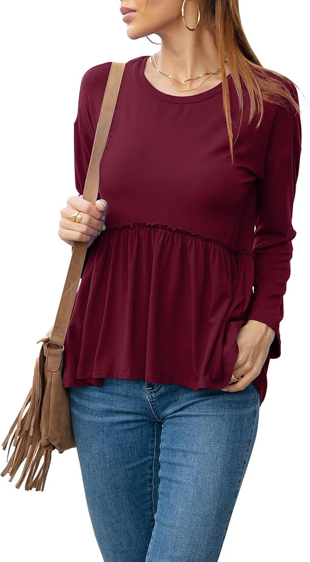 TASAMO Women's Loose Ruffle Hem Short Sleeve High Low Peplum Blouse Top | Amazon (US)