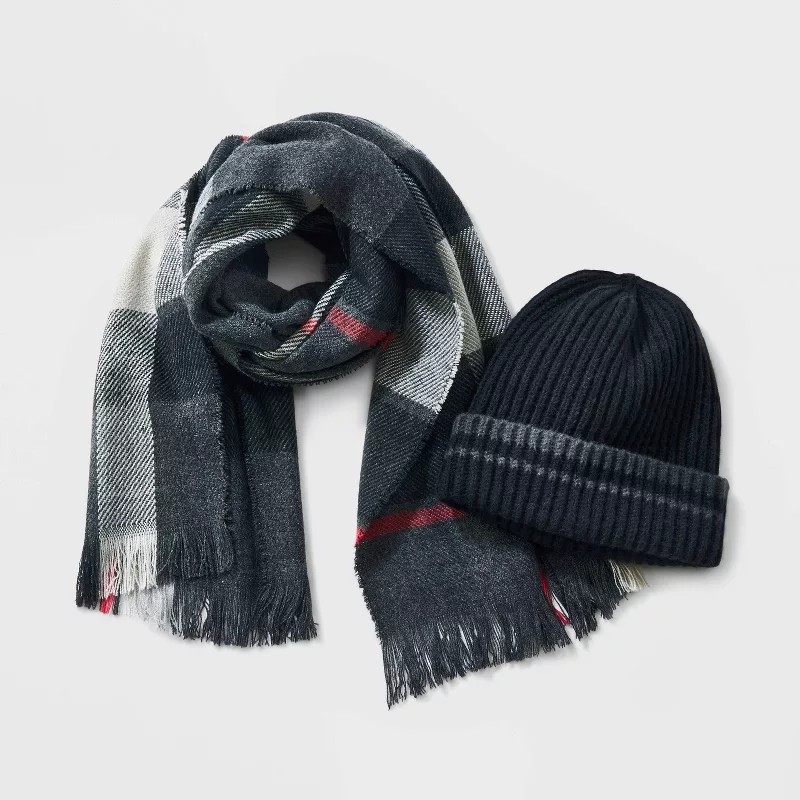 Men's Oversized Plaid Knitted Hat and Scarf Set - Goodfellow & Co™ Gray | Target